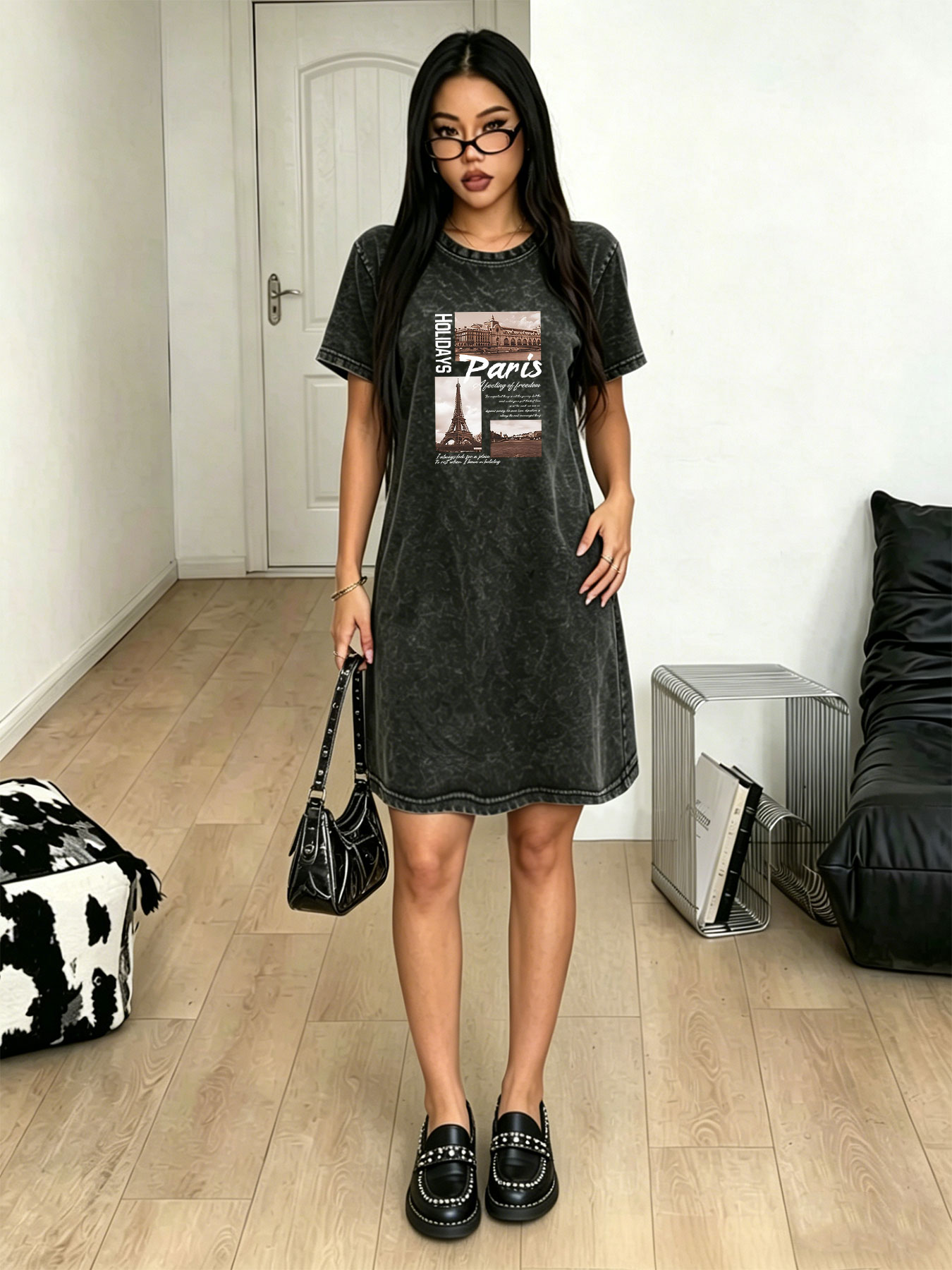 Streetwear Brand In Paris - Damen-T-Shirt-Kleid im Vintage-Look, modisches Streetwear-Midikleid mit